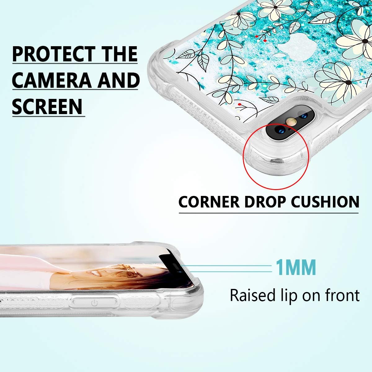 Caka Case for iPhone Xs Max Floral Glitter Case Flower Pattern Series Sparkle Fashion Luxury Bling Flowing Liquid Floating Cute Glitter Soft TPU Clear Case (Teal Vine)