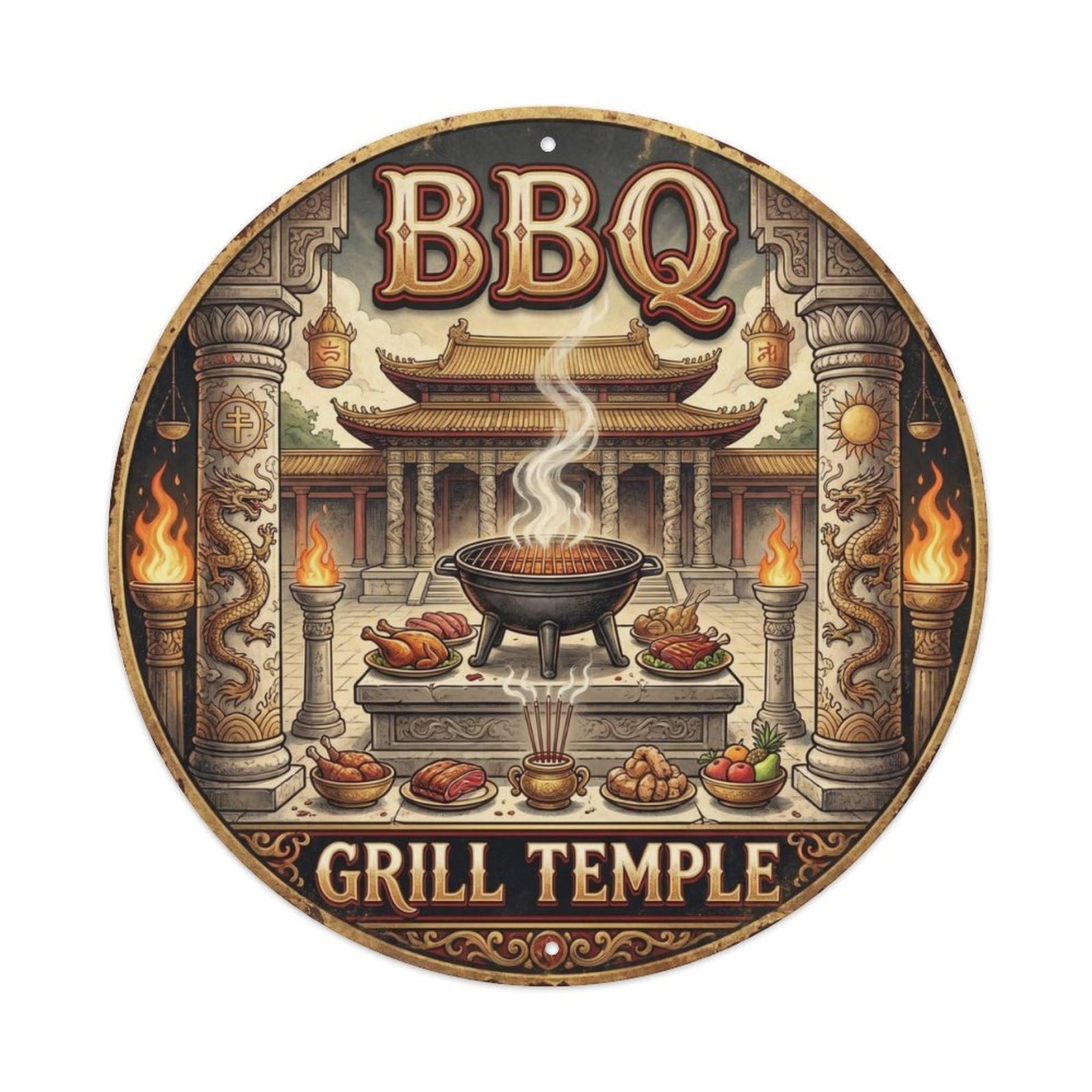 BBQ Grill Temple Metal Tin Sign