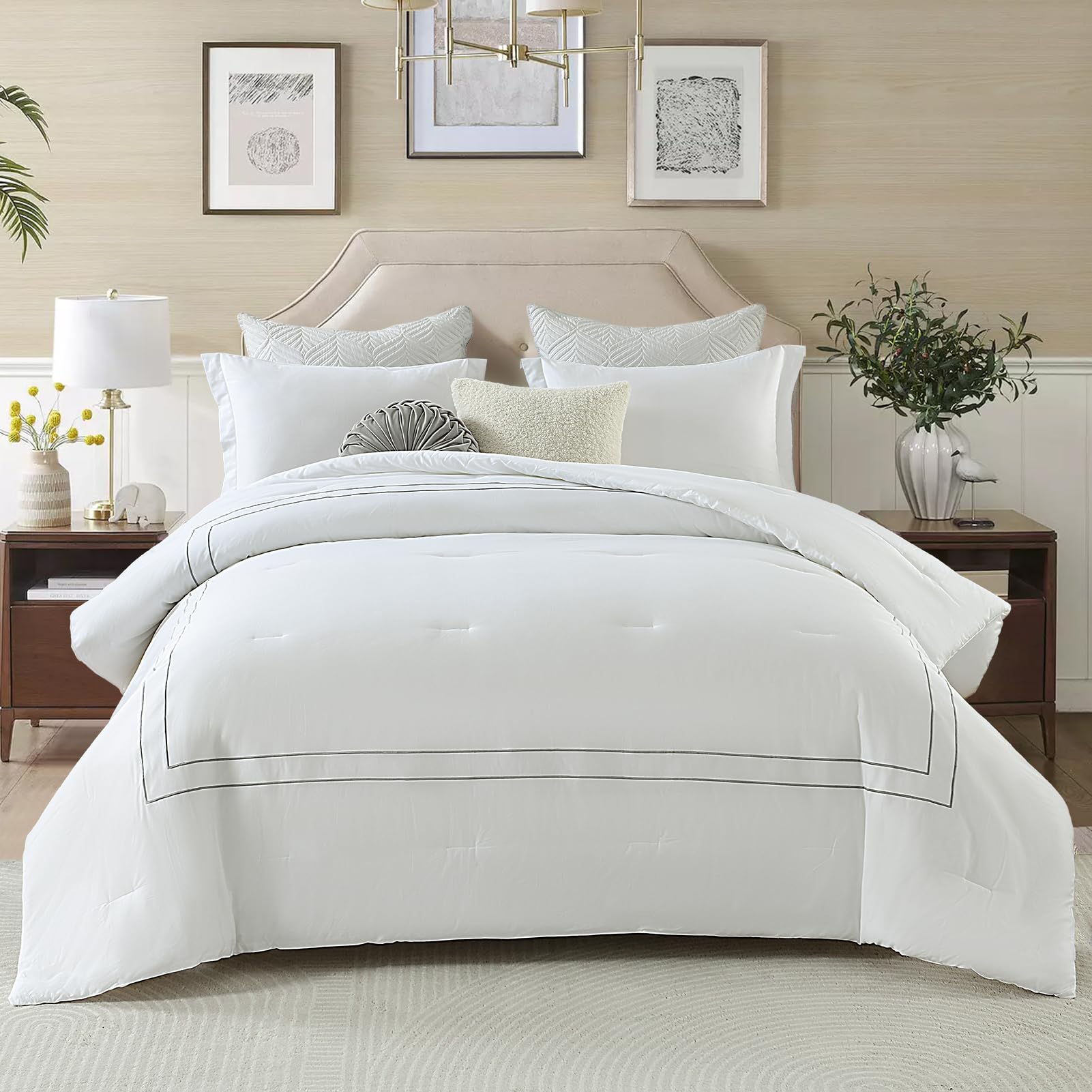 SahSahCasa Queen Comforter Set, Fluffy Bedding Set, 100% Cotton, Satin Stitch Embroidery, Lightweight Quilted for Queen Size Bed, 90" 90", 3pcs, White/Gray