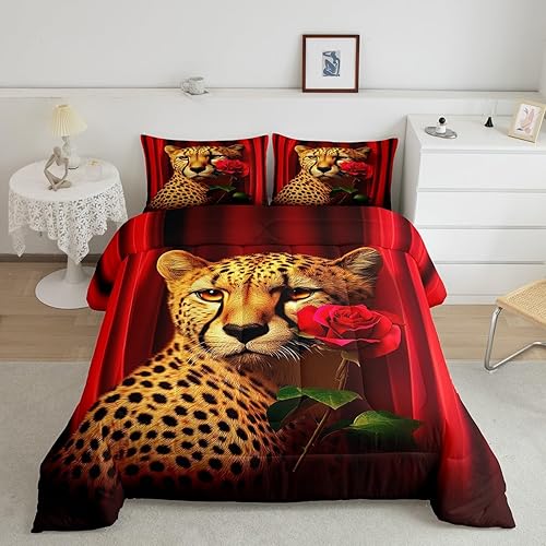 Erosebridal Juego de ropa de cama con diseño de rosa de guepardo, juego de edredón abstracto degradado, tamaño Queen, estampado de leopardo, flores,