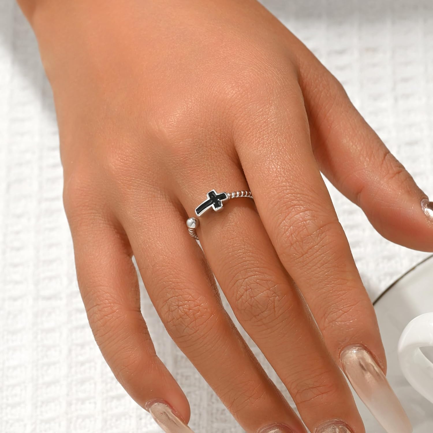 Cross Ring for Women, 925 Sterling Silver Vintage Christian Religious Cross Faith Rings for Men Dainty Black Crosslet Rope Thumb Band Open Stackable Finger Cross Ring Mother's Day Jewelry Gift