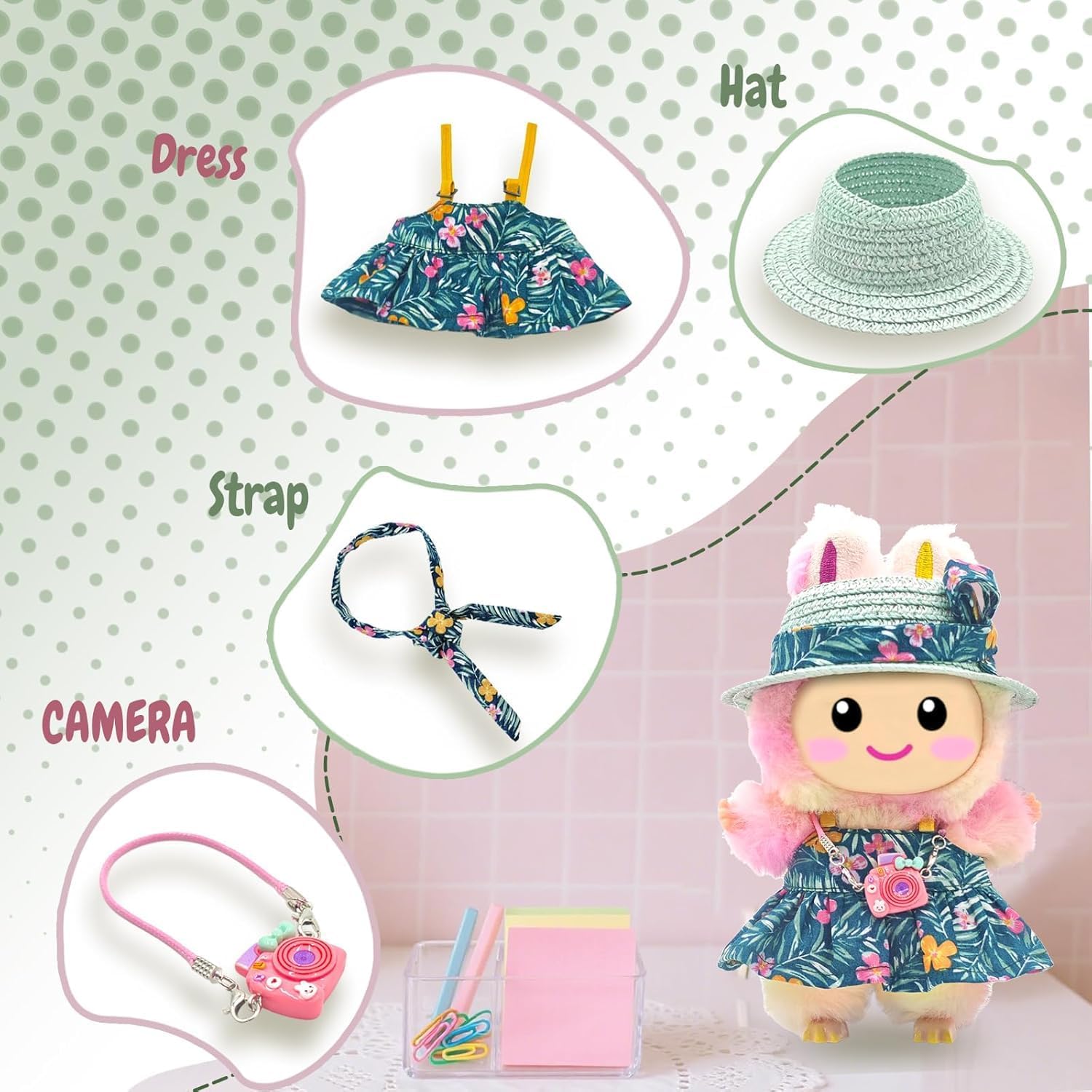 Cute 17cm Doll Clothes Set for LABUBU, 4Pcs Kawaii Dresses with Free Hat, Camera, Silk Scarf, and Pendant Accessories（NO Doll）