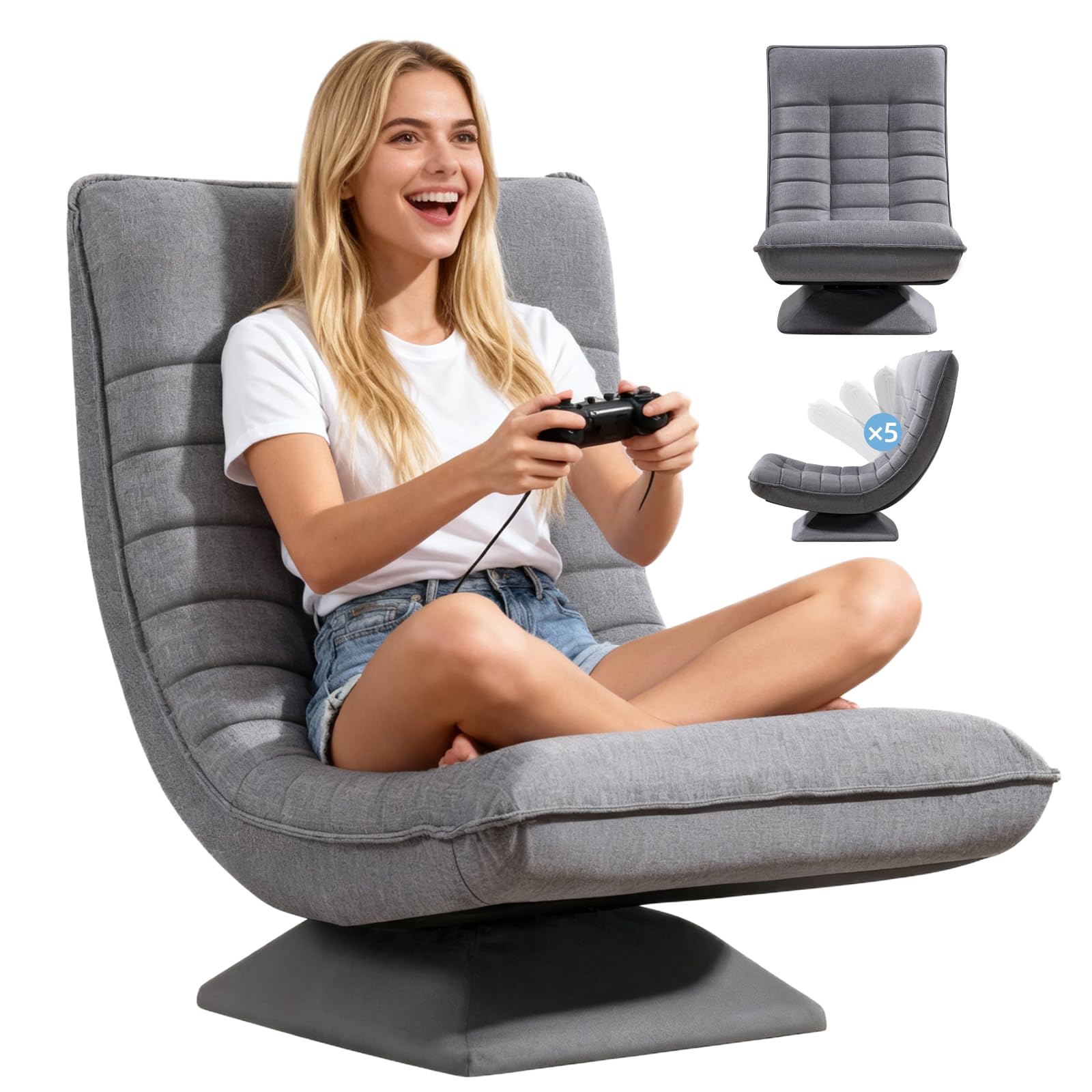 Sessel Wohnzimmer Bodenstuhl 360° Drehbar, Bodensessel mit Verstellbarer Rückenlehne, Bodensofa Klappbar, Lazy Sofa, Gaming Relaxsessel, 60x105x87cm, 150kg Belastbarkeit, Grau