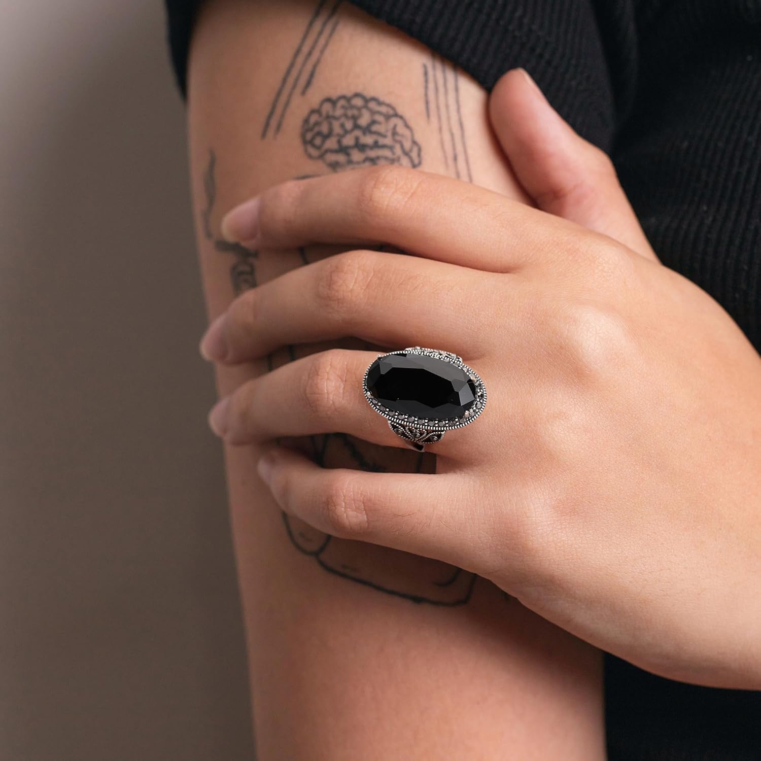 Mytys Retro Vintage Cocktail Statement Ring Black Marcasite & Crystal Rings for Women Antique Silver Big Black Onyx Stone Ring - Image 3