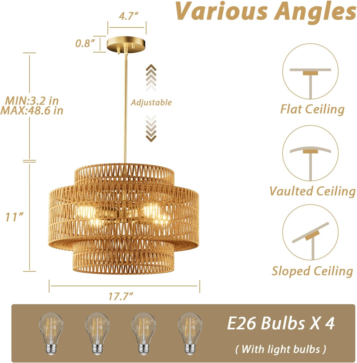 17.7" Boho Rattan Chandelier Light Fixture,4-Light Hand Woven Rustic Chandeliers with Height-adjustable Pole Farmhouse Gold Hanging Lamp for Dining Room,Hallway,Bedroom,Foyer,Island and Kitchen