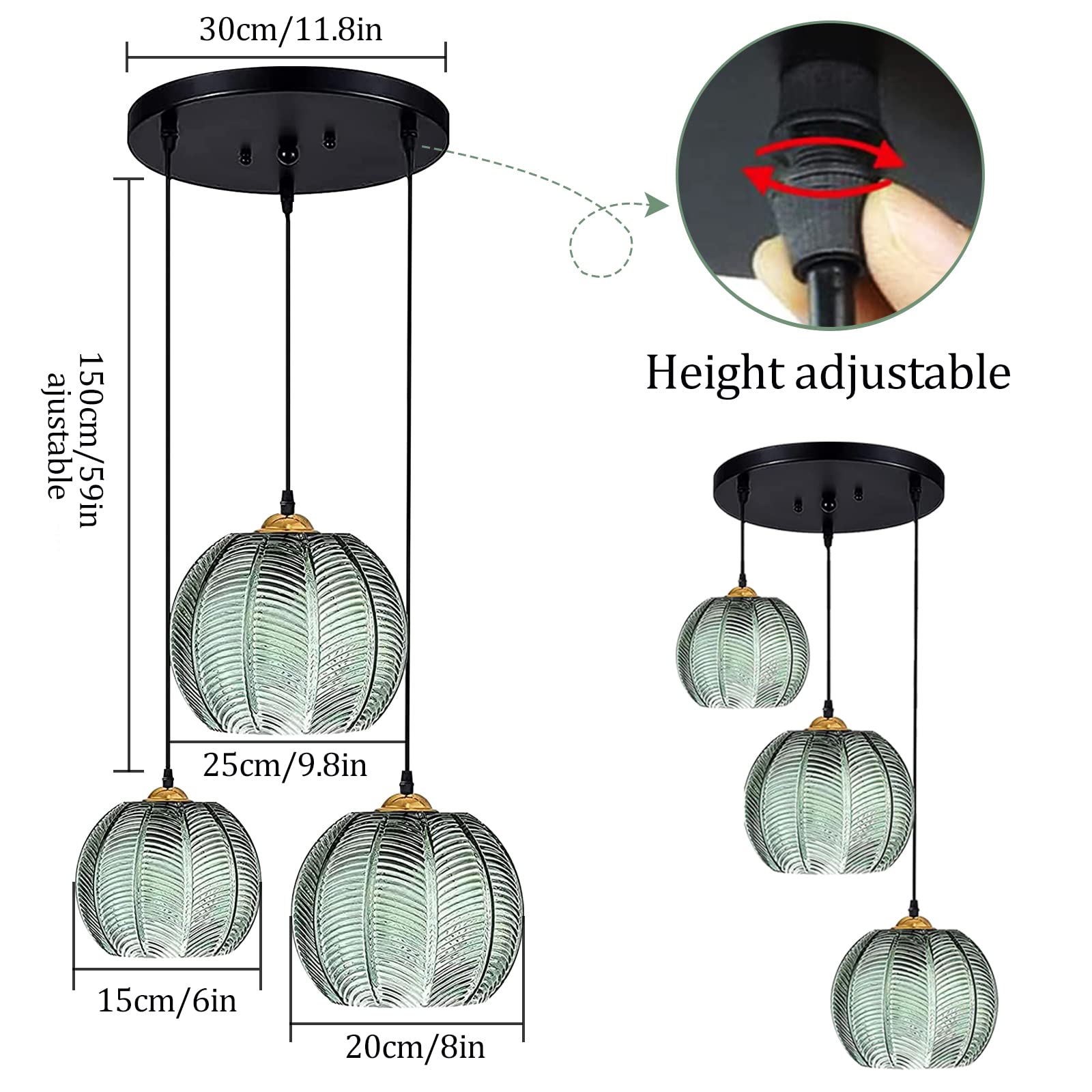 Zielona szklana lampa wisząca, 3 światła żyrandole artystyczne Nowoczesne oświetlenie Vintage zielone szklane wiszące żyrandole do kuchni wyspa sypialnia