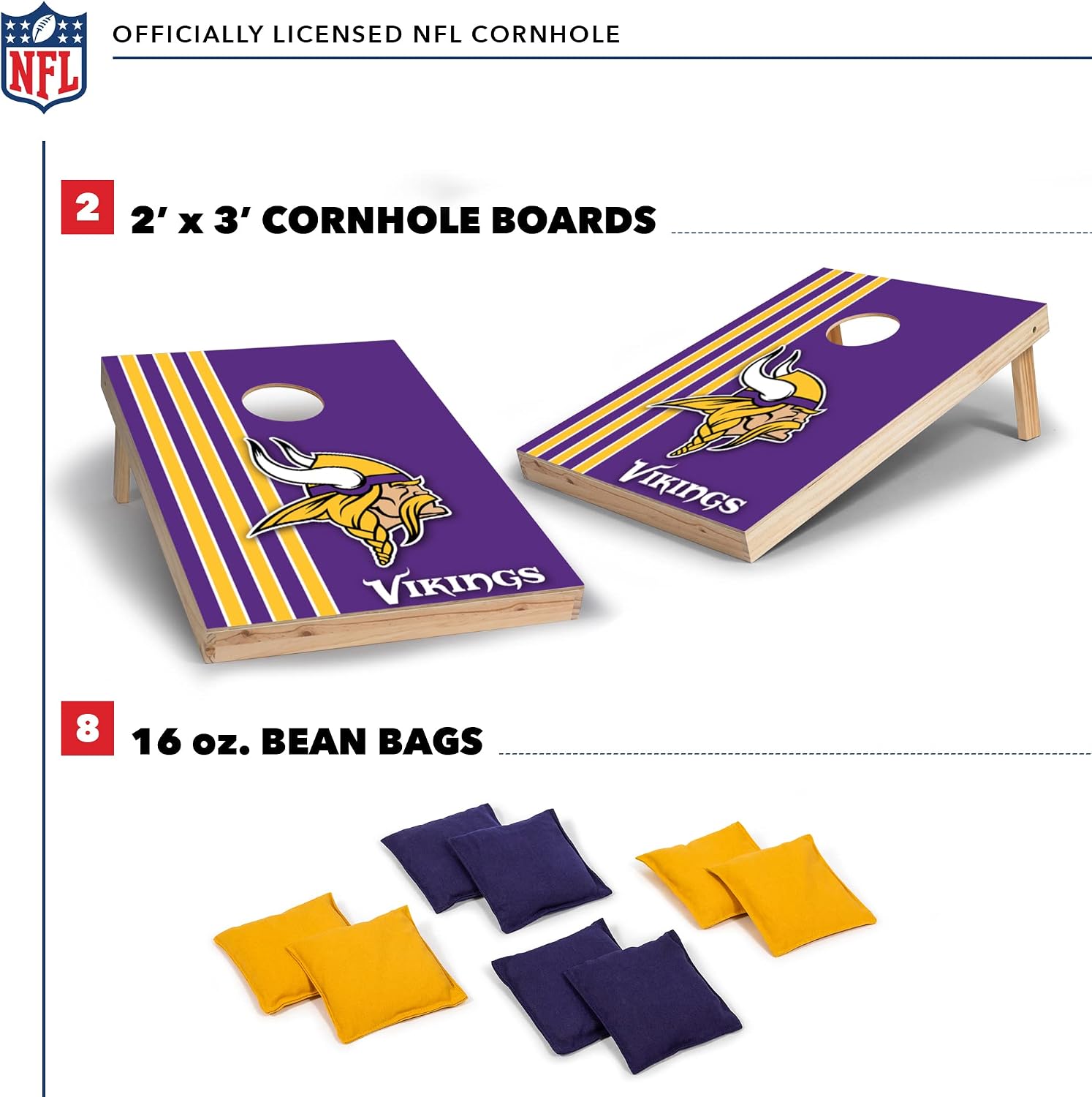 Wild Sports 2' x 3' Solid Wood Cornhole Set with Direct Print HD Team Graphics – Great Gift for Any Football Fan! Bean Bag Toss Family Outdoor Games – NFL Minnesota Vikings