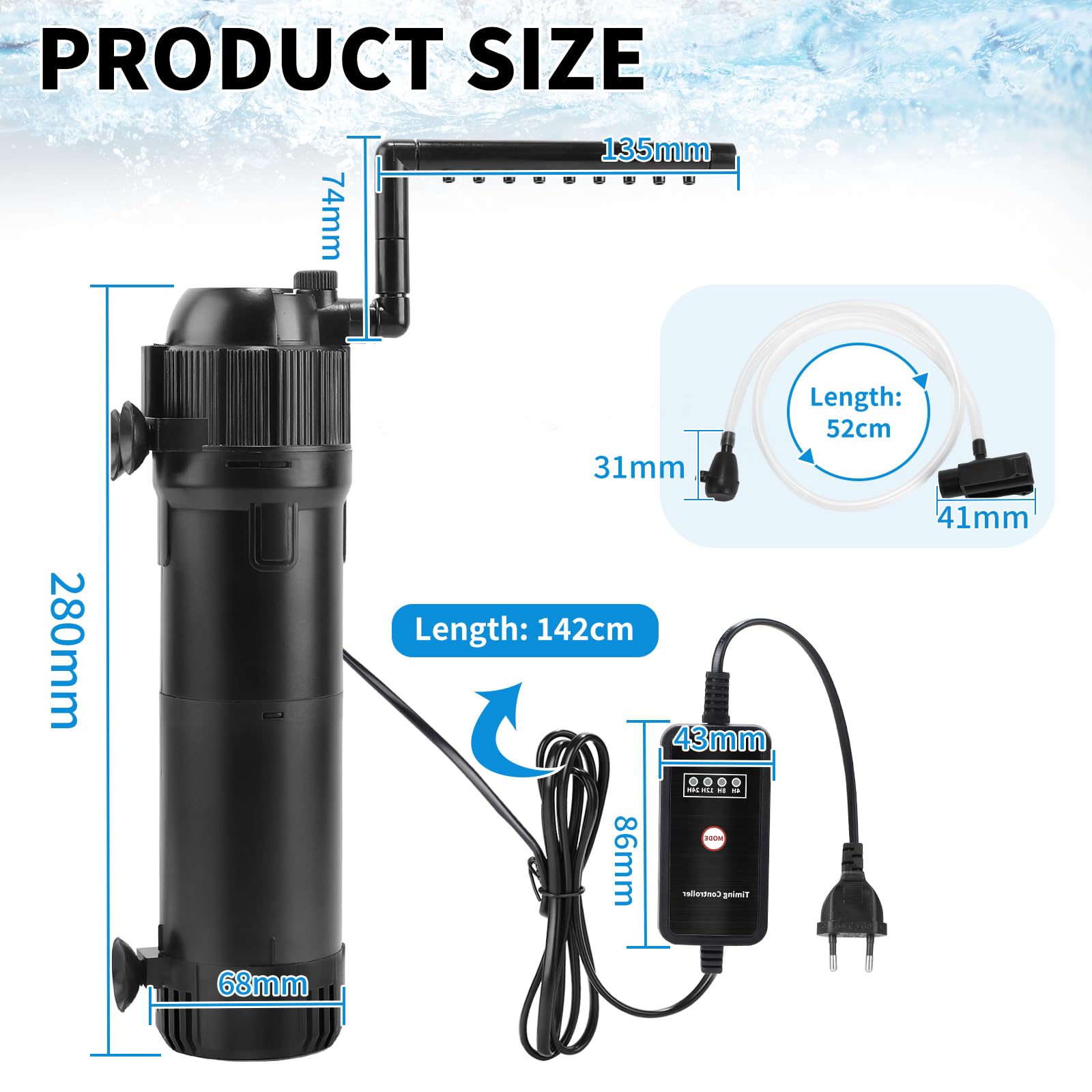 DBREAKS 5 in 1 Filtro Interno per Acquario 650 L/h 6W con UV Lampada 8W & Timer, Filtro Interno Acquario Regolabile, Pompa Acquarios per Tartarughe d'Acqua 100-300 Litri