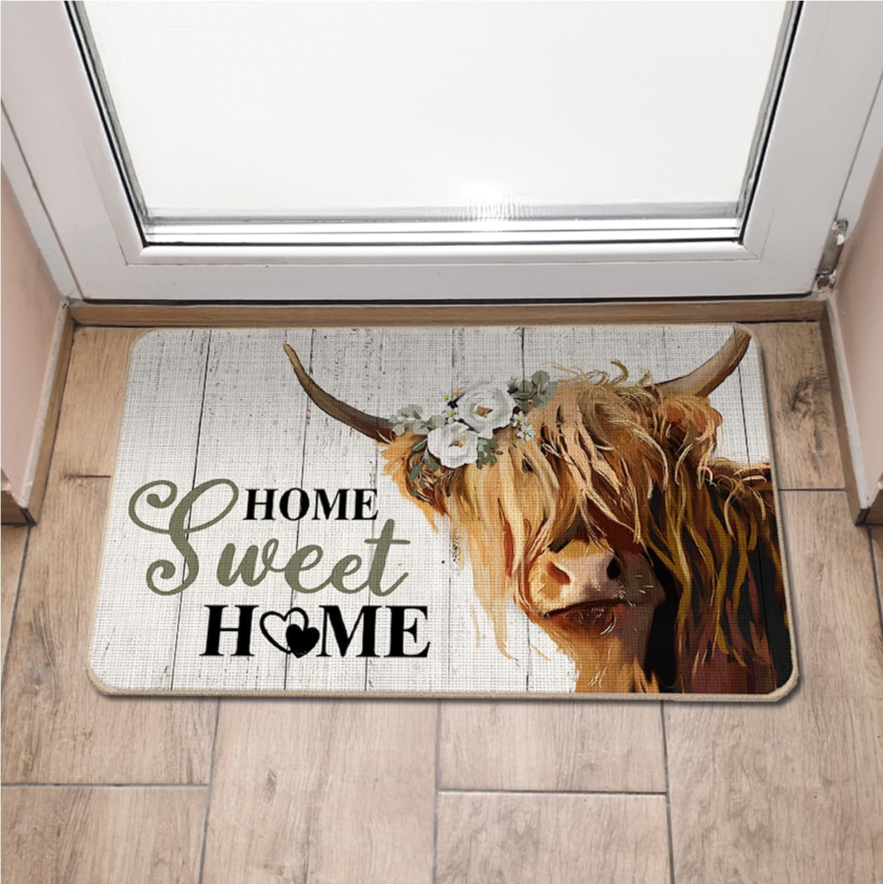 Home Sweet Home Door Mat, Rustic Floral Highland Cow Doormat for Front Door Indoor Outdoor Entrance Porch, Farmhouse Welcome Mat Outside, Western Cow Bath Mats, 17x30 Inches