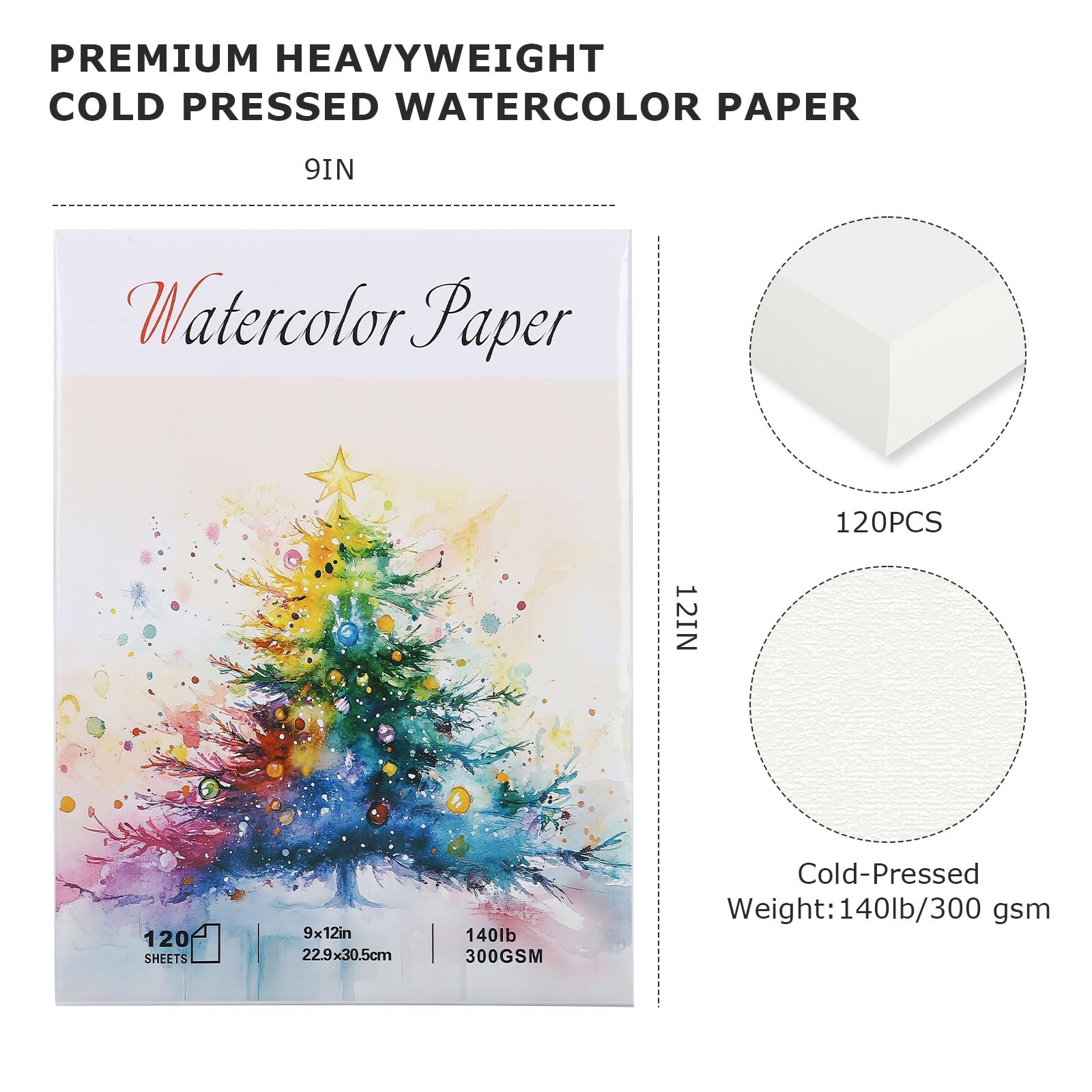 Ddaowanx 120 Sheets Watercolor Paper Bulk,140 lb/300 GSM Cold Press Paper White Water Color Paper for Kids Child Students Adults Artists Drawing,Painting Christmas Gift Cards (9 x 12 Inches)