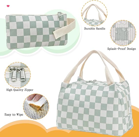 School Backpack for Girls Women, Water Resistant Laptop Backpack Kids Bookbag Casual Daypacks with Lunch Box Pencil Case (Green Checkered)