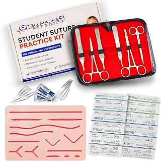 STELLMACHER 38 Pcs Suture Practice Kit Complete Kit for Medical Student | Large Suture Pad for Stitches Training 14 Pre-Cut Wound Closure | Surgical Kit Sutures Tools, Thread & Needle Education Use
