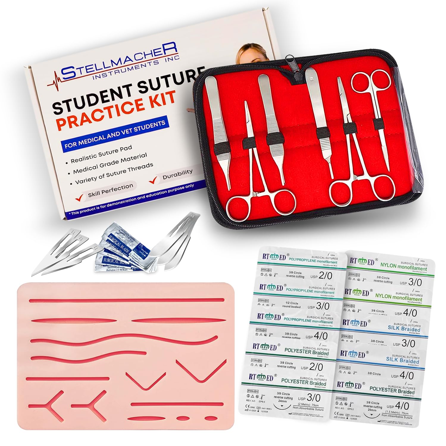 STELLMACHER 38 Pcs Suture Practice Kit Complete Kit for Medical Student | Large Suture Pad for Stitches Training 14 Pre-Cut Wound Closure | Surgical Kit Sutures Tools, Thread & Needle Education Use