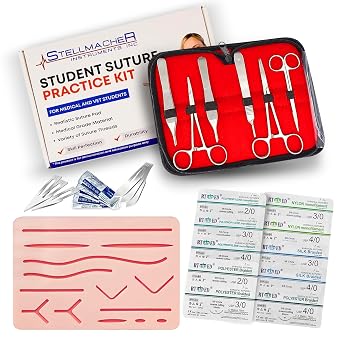 STELLMACHER 38 Pcs Suture Practice Kit for Students, Complete Training Set with Large Suture Pad | 14 Pre-Cut Wound Closure, Threads & Needles for Educational Use 38 Pcs