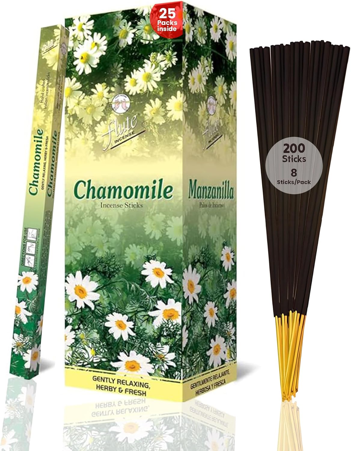 Flute Chamomile Incense Sticks – Gentle Herbal Floral Incense for Relaxation, Calm Evenings & Peaceful Living – 8 Sticks/Pack, 25 Packs/Box (9 Inch, 200 Sticks) | 40 Minutes Burn Time