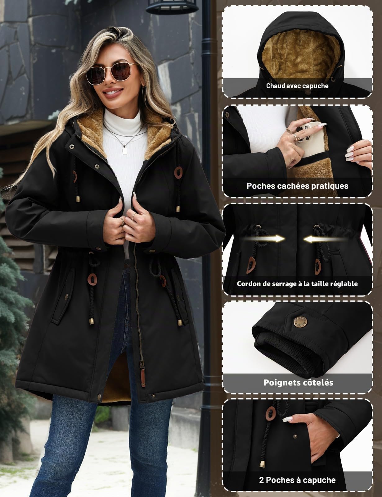 Vancavoo Manteau Femme Hiver Parka avec Doublure Polaire Épaisse | Manteau Chaud à Capuche avec Taille Réglable, Poignets Côtelés, Poches Biais, Zip et Boutons-Pression