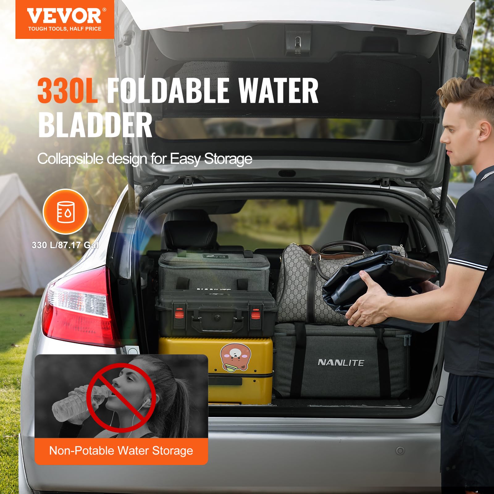 VEVOR Wasserblasen Aufbewahrungsbehälter 330 L, Wohnmobil-Wassertank, 1000D PVC faltbare Wasserspeicherbehälter, weicher Wasserbeutel, tragbare Wasserblase, Brandschutz, Camping, Notfall, Schwarz