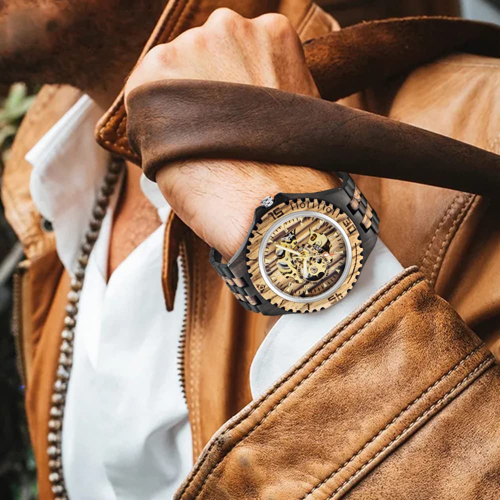 Tiong marrón cuatro dígitos hombres reloj de madera reloj automático hueco reloj de madera mecánico reloj de hombre, Mwd-05circle, Pulsera