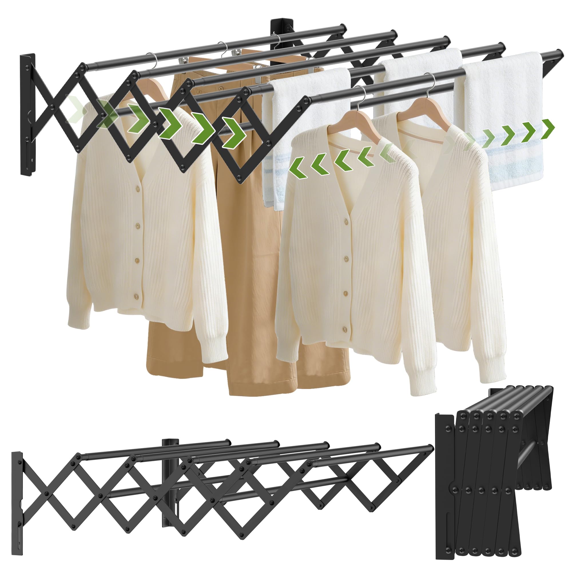 OUUTMEE Étendoir à linge mural extensible | Porte-serviettes pliable en acier inoxydable | 42 à 80 cm | Étendoir à linge rétractable pour intérieur ou extérieur, salle de bain, balcon, noir, taille M