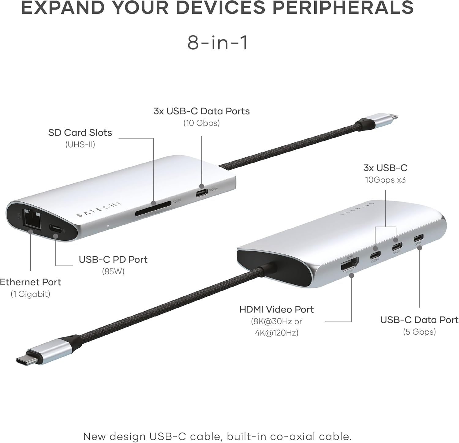 Satechi 8 in 1 USB C Hub Multiport Adapter V3, 8K HDMI, 100W Charging, 4 USB Data Ports, Ethernet, SD Card Reader, for Laptop, for Mac/Windows, MacBook Air/Pro M5/M4, iPad - Silver