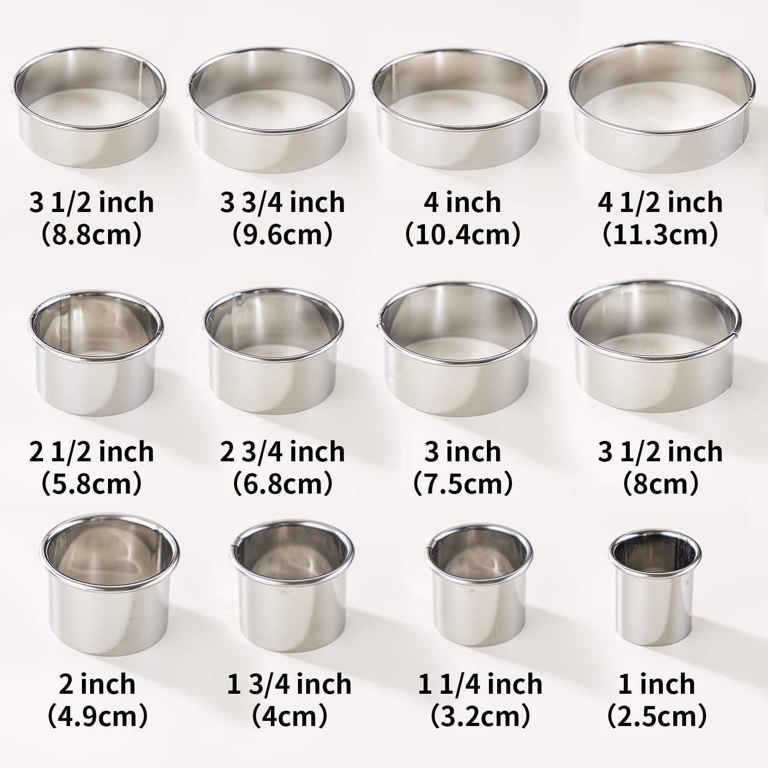 Juego de 12 cortadores de galletas redondos, hechos de acero inoxidable 430, cortador de anillo de corte para hornear masa de pastelería, donas de galletas
