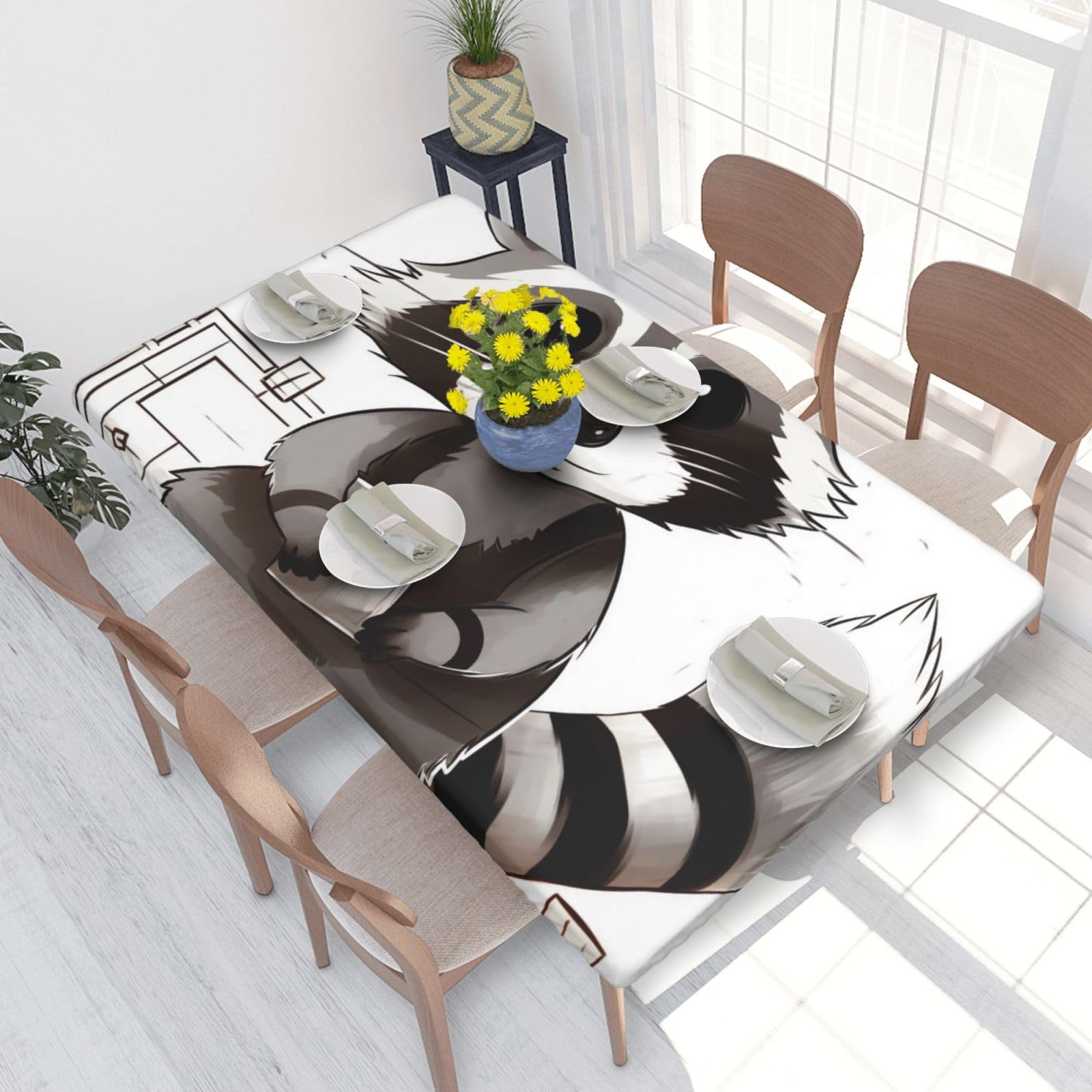 DCARSETCV Cartoon cute raccoon Printed 4FT Waterproof Tablecloth with Elastic Edged Protect & Decor Your Table, Oil-proof Washable Table Cloth Cover for Dinner Picnic Party