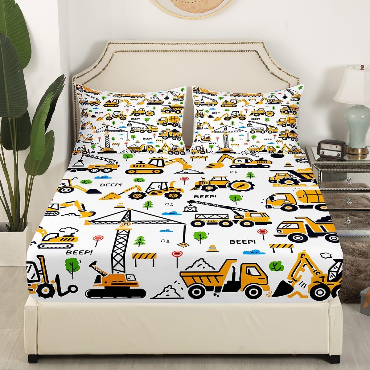 Feelyou Construction Truck Bedding Sets Kids Boys Cartoon Excavator Vehicle Tractor Cars Bed Sheets King Size Machinery Equipment Fitted Sheet Set Yellow Decor