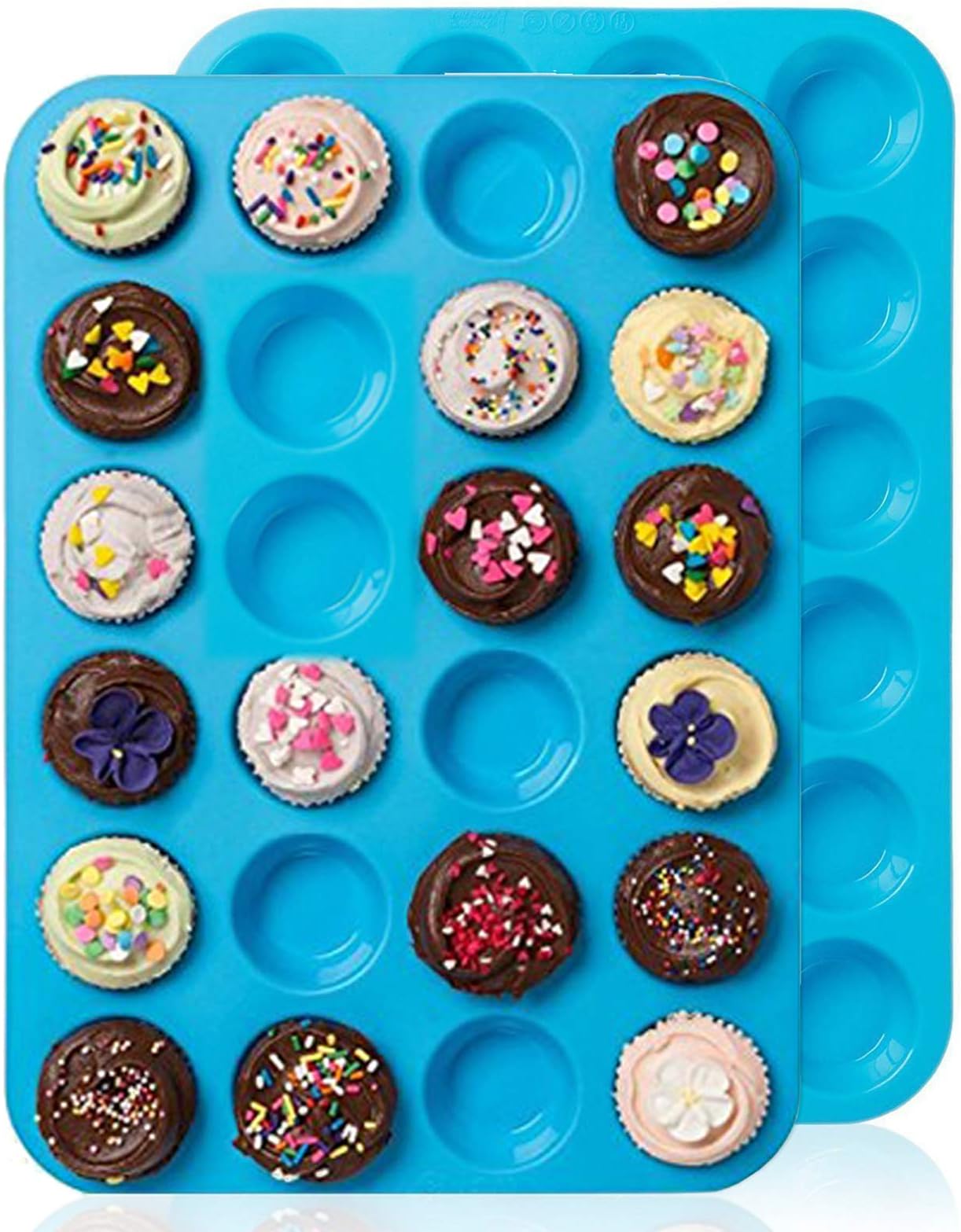 Amison Mini Muffin Pan 24 Cups, 2 Packs Silicone Cookies Cupcake Bakeware Tin Soap Tray Mould Non stick, BPA-free, Dishwasher Safe (Blue)