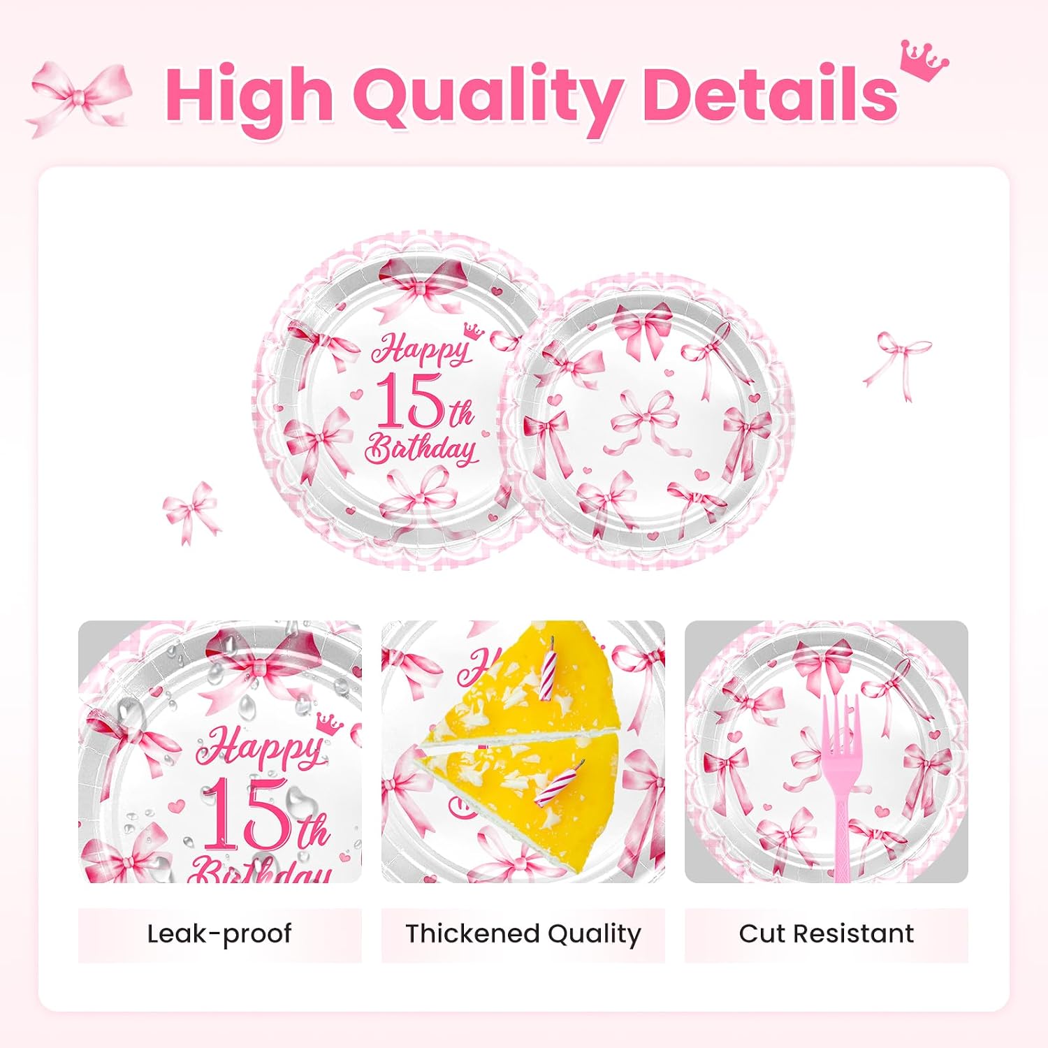 Avezano 96pcs 15th Birthday Decorations for Girls 15th Birthday Plates and Napkins Pink Bow Disposable 15 Years Old Party Decorations Serve 24 Guests