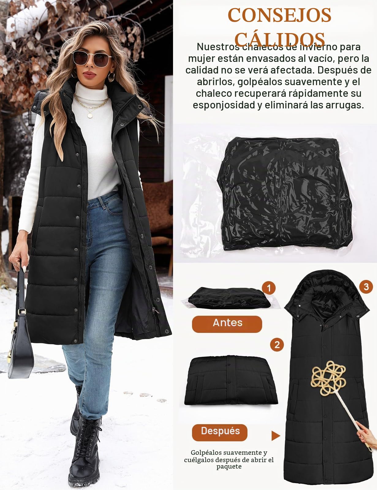 Vancavoo Chaleco Acolchado Mujer Invierno Abrigo Largo sin Mangas Chaleco con Capucha y Cremallera AbrigoS Térmico Con Bolsillos Chaqueta de Cuello Alto para Exteriores