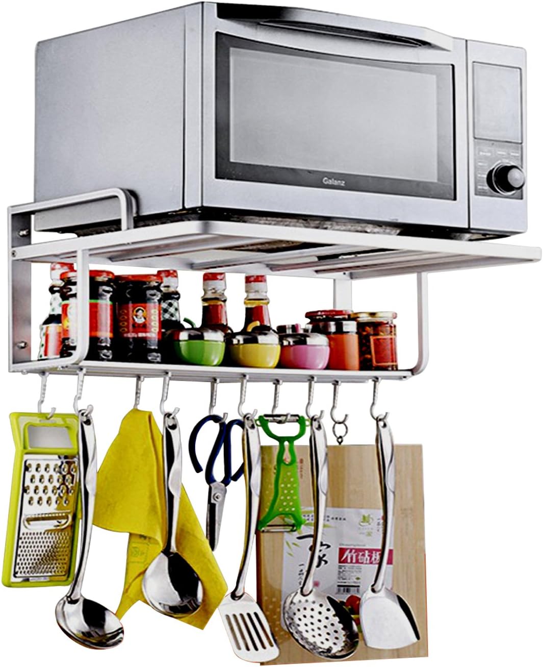 Ninetonine Alumimum Microwave Oven Wall Mount Double Deck Shelf With Hooks Silver