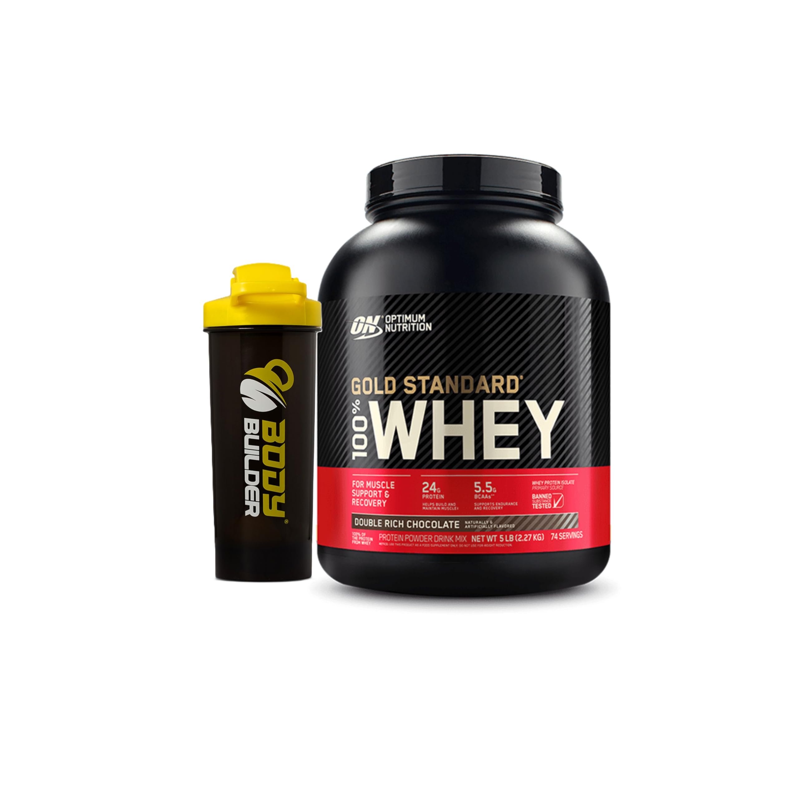 (ON) Gold Standard 100% Whey Protein Powder Primary Source Isolate, 24 Grams of Protein for Muscle Support and Recovery - Double Rich Chocolate, 5 Lbs, 74 Servings (With shaker)