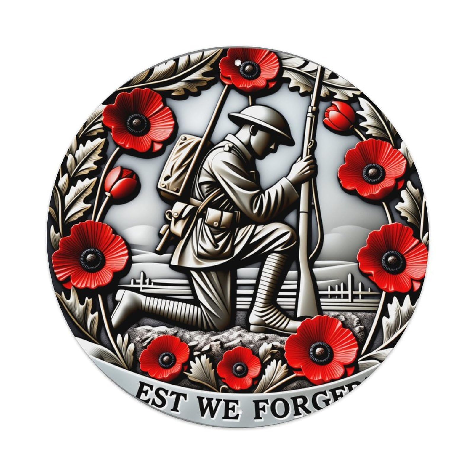 Soldier With Rifle And Poppies In Wreath Round Vintage Tin Sign,Retro Wall Art,Metal Poster for Home, Bar, Garage, Cafe, Rustic Indoor & Outdoor Decor, 8x8 Inches