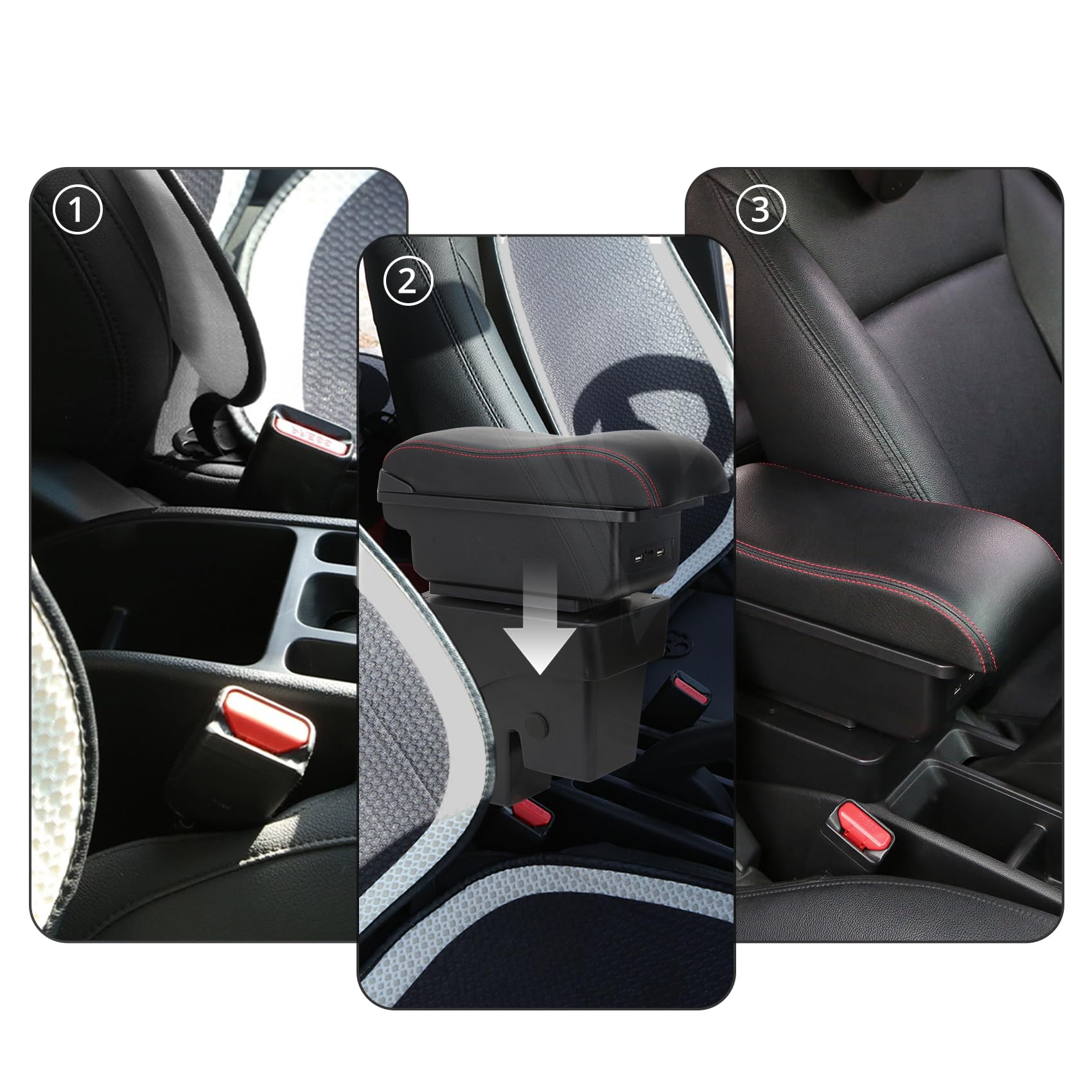 YJYWZH Coche Apoyabrazos para Opel Corsa D 2006-2014 Doble Capa Caja de Almacenamiento de Consola Central con 3 Puertos de Carga USB Negro con Costura roja