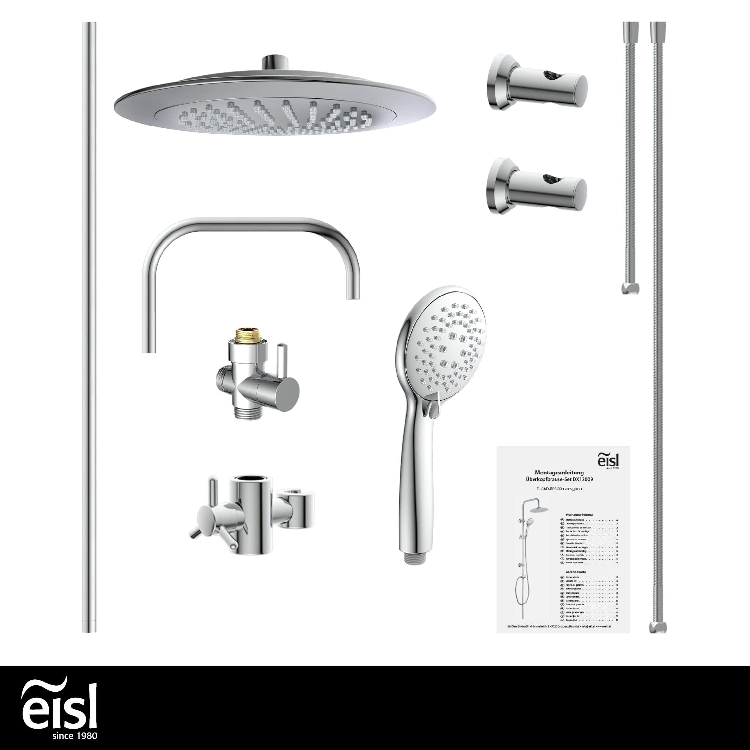 EISL DX12009 Duschset zum Kleben, Duschgarnitur mit Regendusche, Duschstange ohne Bohren, Duschsystem ohne Armatur, Duscharmatur mit Regenwalddusche und Handbrause mit 3 Strahlarten, Chrom