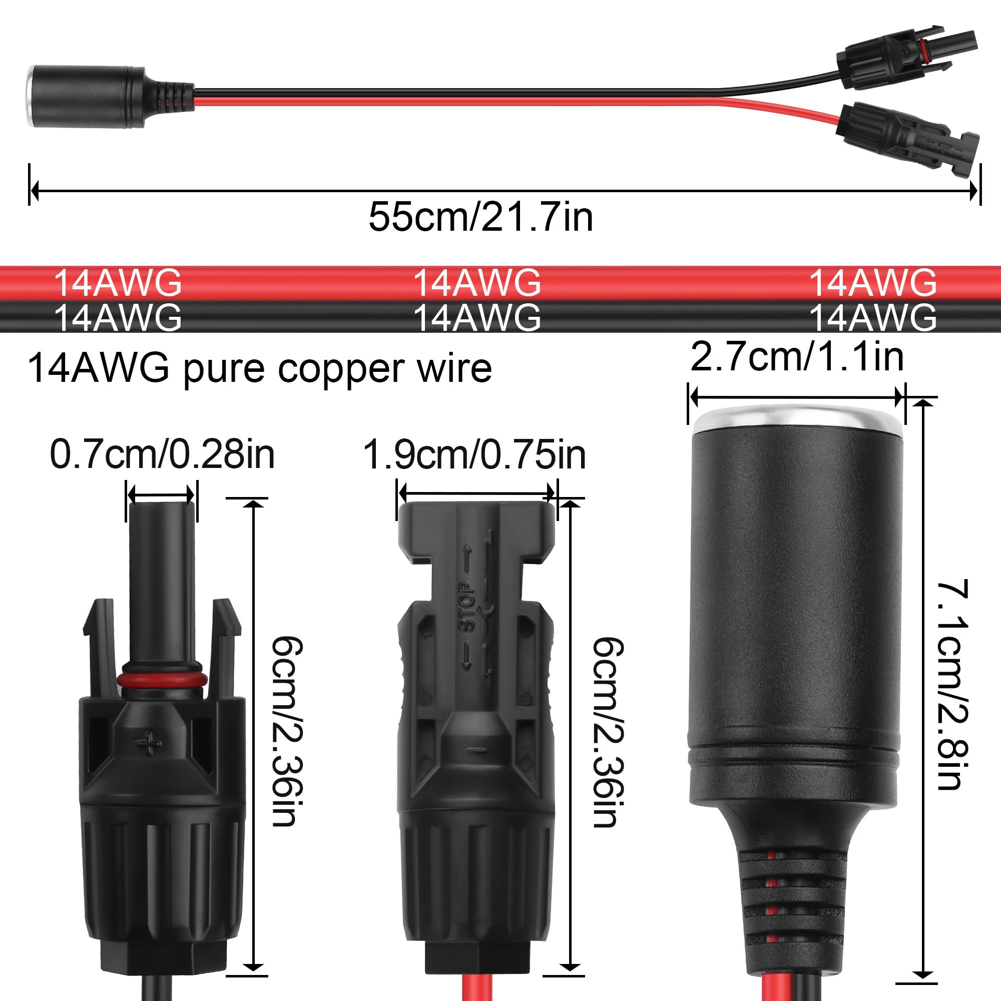 2 PCS Câble adaptateur connecteur solaire vers prise allume-cigare femelle 12V-24V, fil de cuivre pur 14AWG, compatible avec panneau solaire, générateur de voiture de station d'alimentation