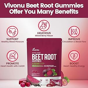 VivoNu Beet Root Gummies 8-in-1 Premium Energy Supplement with CoQ10, Beetroot Extract, Grape Seed Extract, Black Pepper Extract, Vitamins C & B12, L-Arginine & L-Citrulline