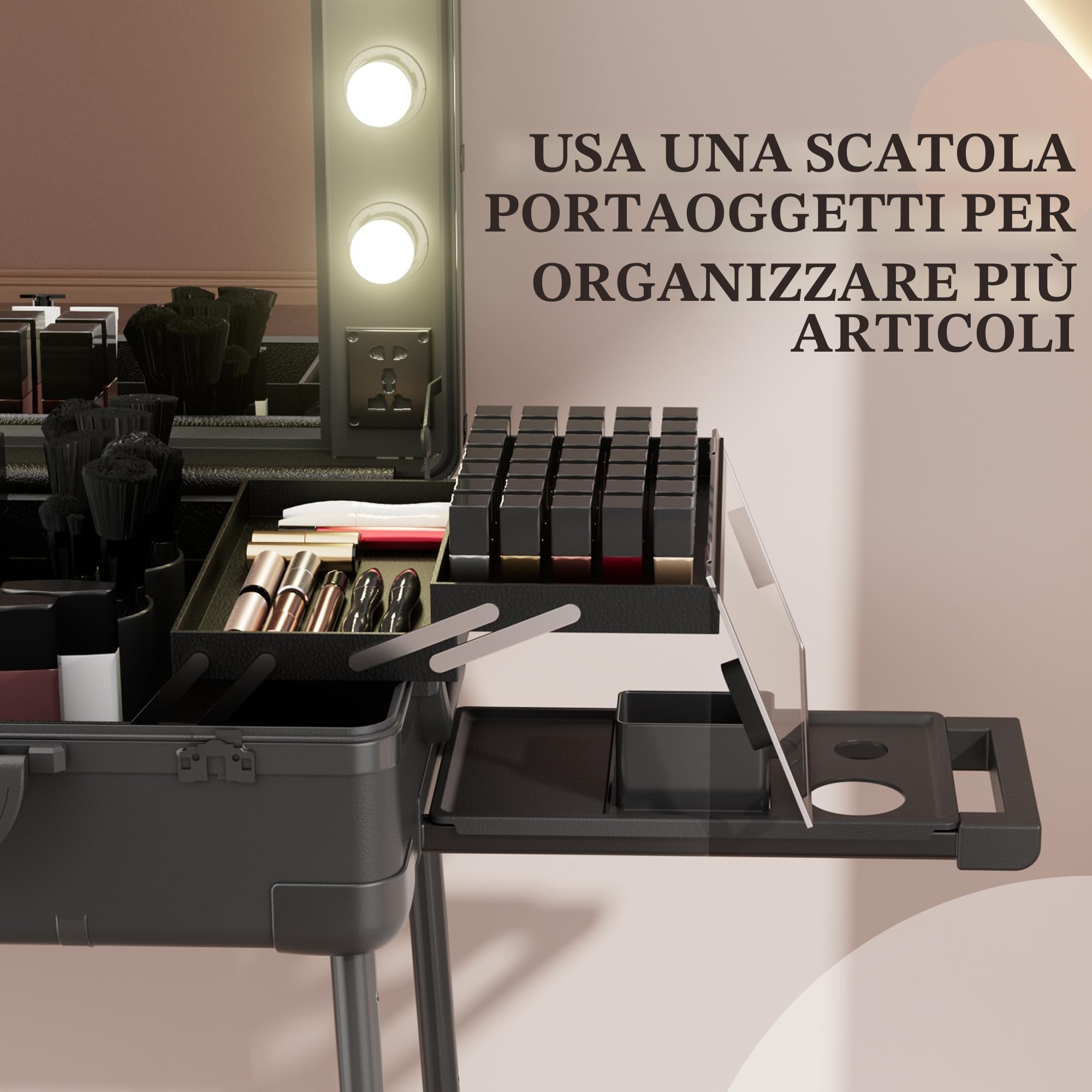 Valigia per il trucco con ruote in alluminio, grande specchio con 6 lampadine, organizzazione di cosmetici con serratura a codice, stazione per trousse trucco pieghevole per viaggio e studio
