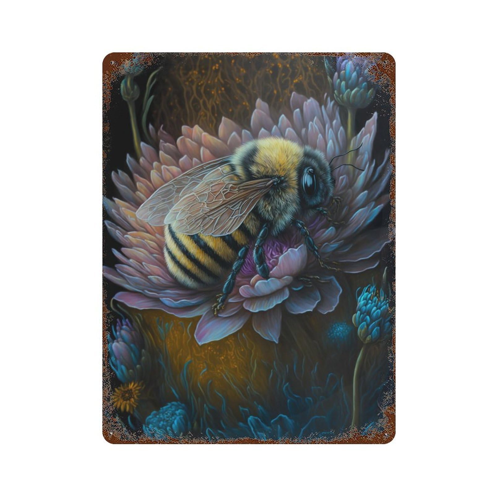 Bee on Flower Painting Vintage Rust Metal Sign 15.7"x11.8", Shabby Chic Decor for Shed, Workshop And Garage Wall Decor