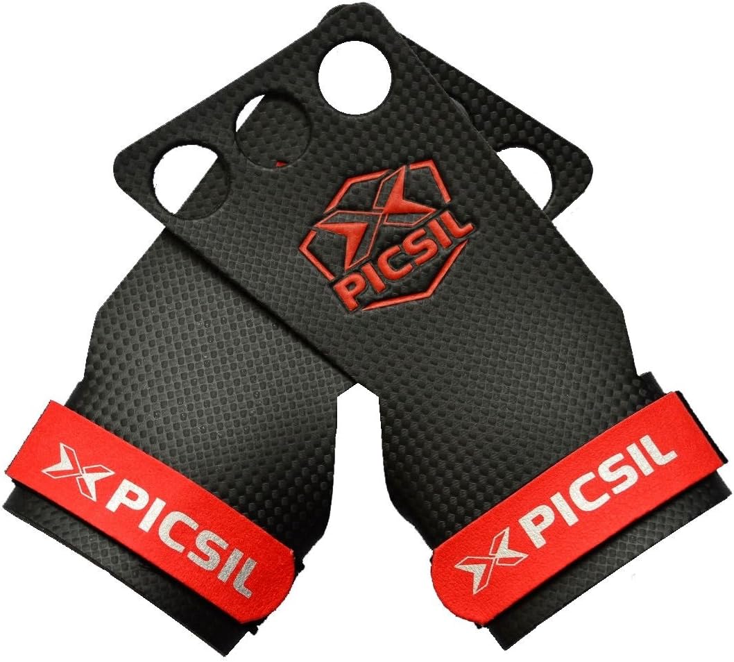 PICSIL RX Carbon Grips 3 Holes - Hand Grips and Gymnastics Grips for Cross Training, muscleups, pullups, Weight Lifting, Chin ups, Training, Exercise, Kettlebell (Medium, Red)
