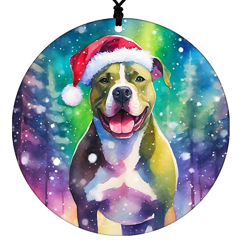 Pitbull Christmas Ornament - Watercolor Theme With Snow, Santa Cap and Northern Lights - 2024 Acrylic Ornaments For Tree - Dog Gifts and Holiday