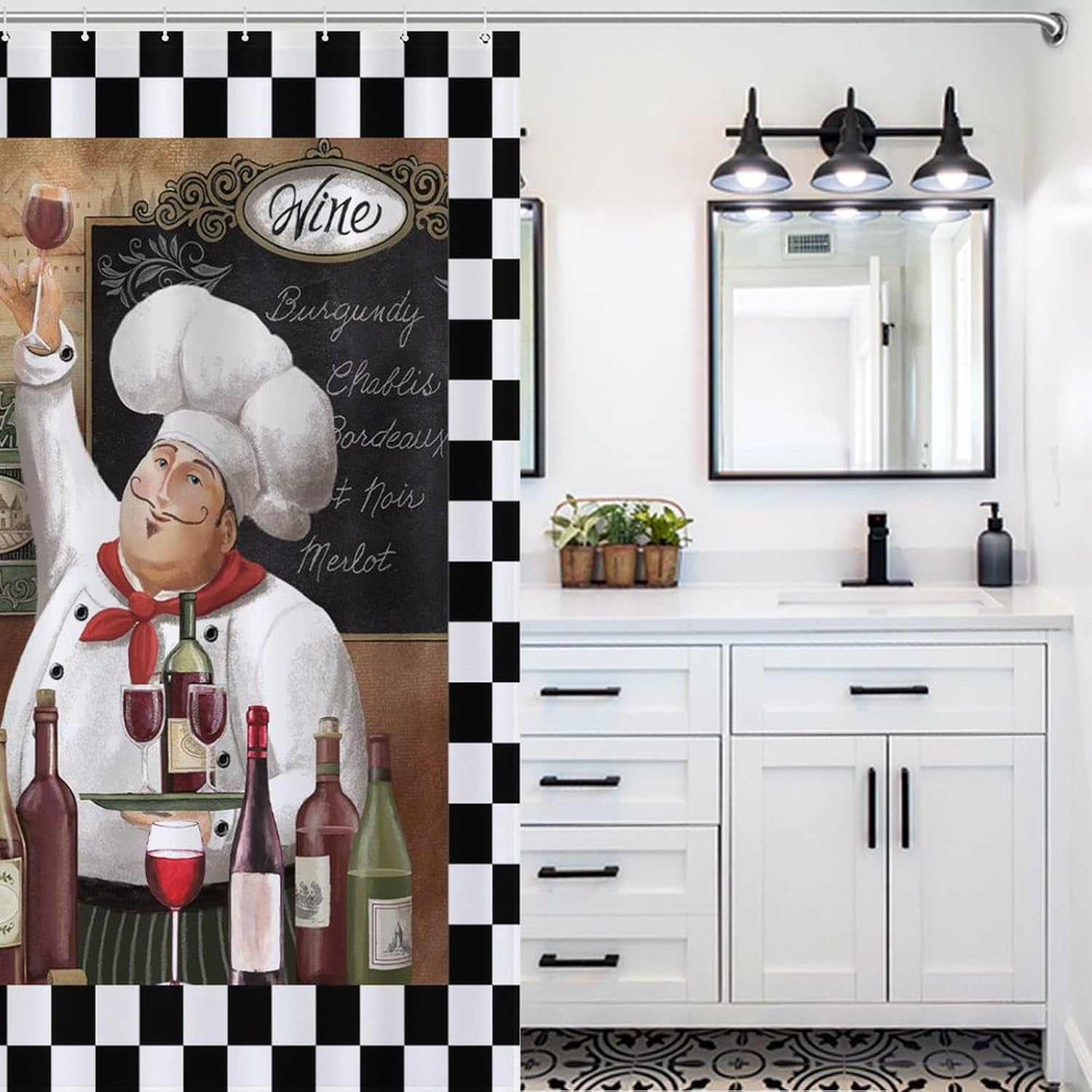 Chef Shower Curtain, Black Plaid Funny Placemats Polyester Waterproof Cloth Bathroom Curtain with 12 Hooks 48x72Inch（122x183cm）