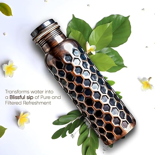 Miniatura 4 de ALV Botella de agua de cobre para beber, 34 onzas, grande martillada, 100% ayurvédica, botella de agua a prueba de fugas, botella aislada