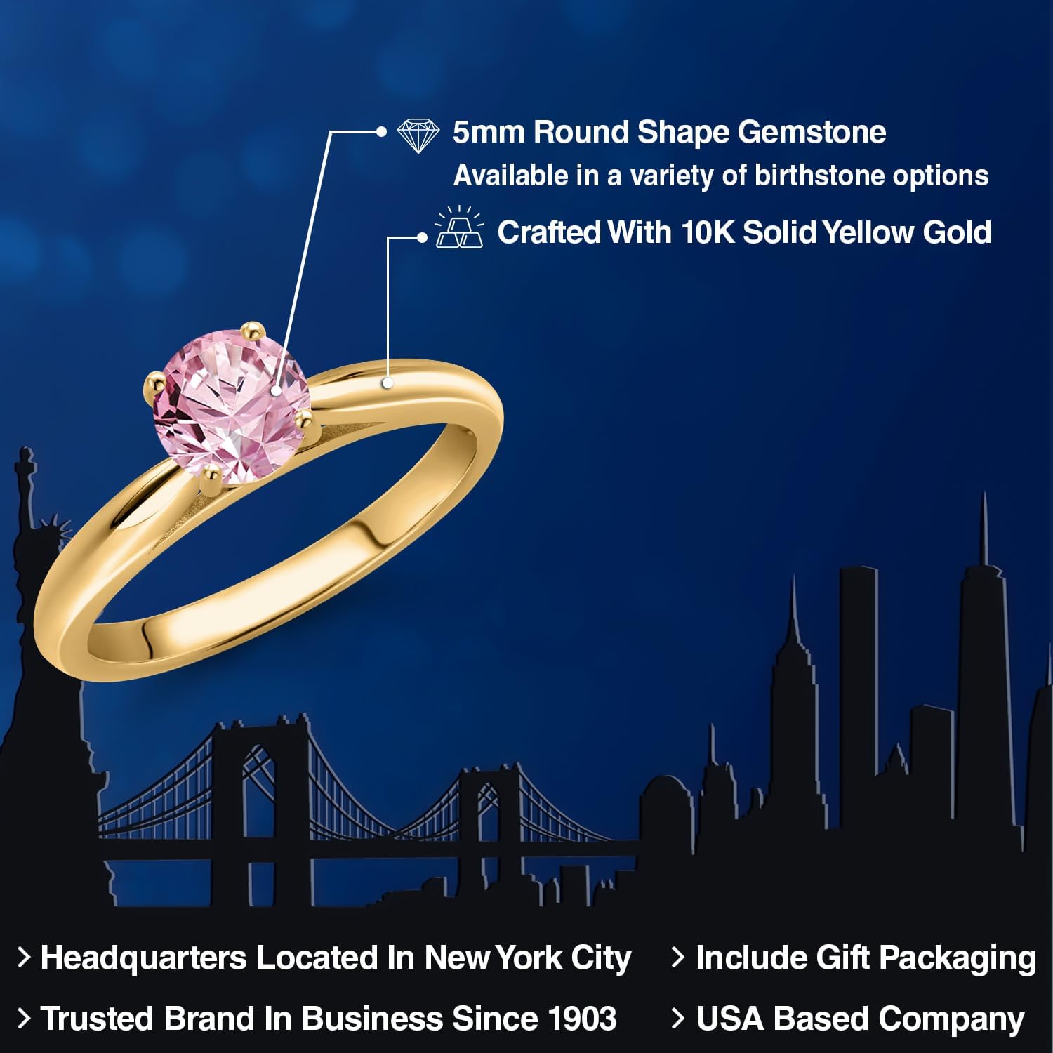 Gem Stone King 10K Yellow Gold Round 5MM Gemstone Birthstone Solitaire Engagement Ring For Women | Wedding Anniversary Promise Ring For Women | Size 5,6,7,8,9 - Image 2