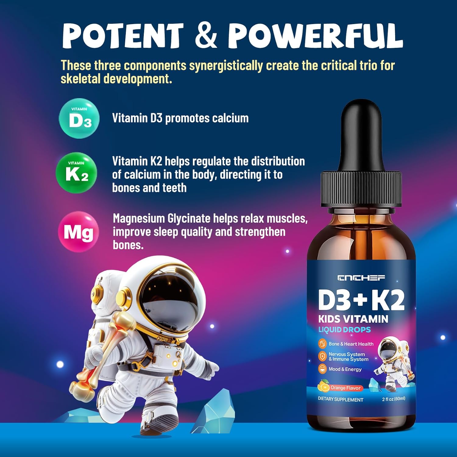 2PCS Vitamin D3 K2 Drops for Kids - Liquid Supplement with Magnesium for Calcium Absorption, Joint Health, Teeth & Heart - Non-GMO, Vegan, Orange, 4 Fl Oz - Kids Ages 4+