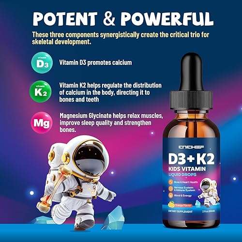 Miniatura 3 de Gotas de vitamina D3 K2 para niños, suplemento líquido con magnesio para absorción de calcio, salud de las articulaciones, dientes y corazón, sin