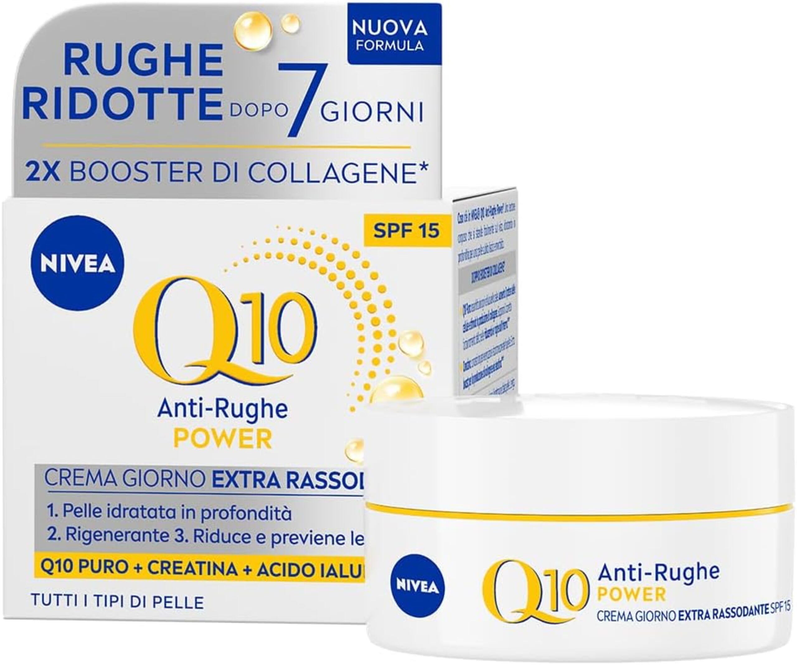 NIVEA Q10 Anti-Rughe Power Crema Giorno Extra Rassodante SPF 15 50 ml, Crema viso antirughe e idratante, Crema viso Acido Ialuronico, Coenzima Q10 e Creatina per un doppio booster di collagene