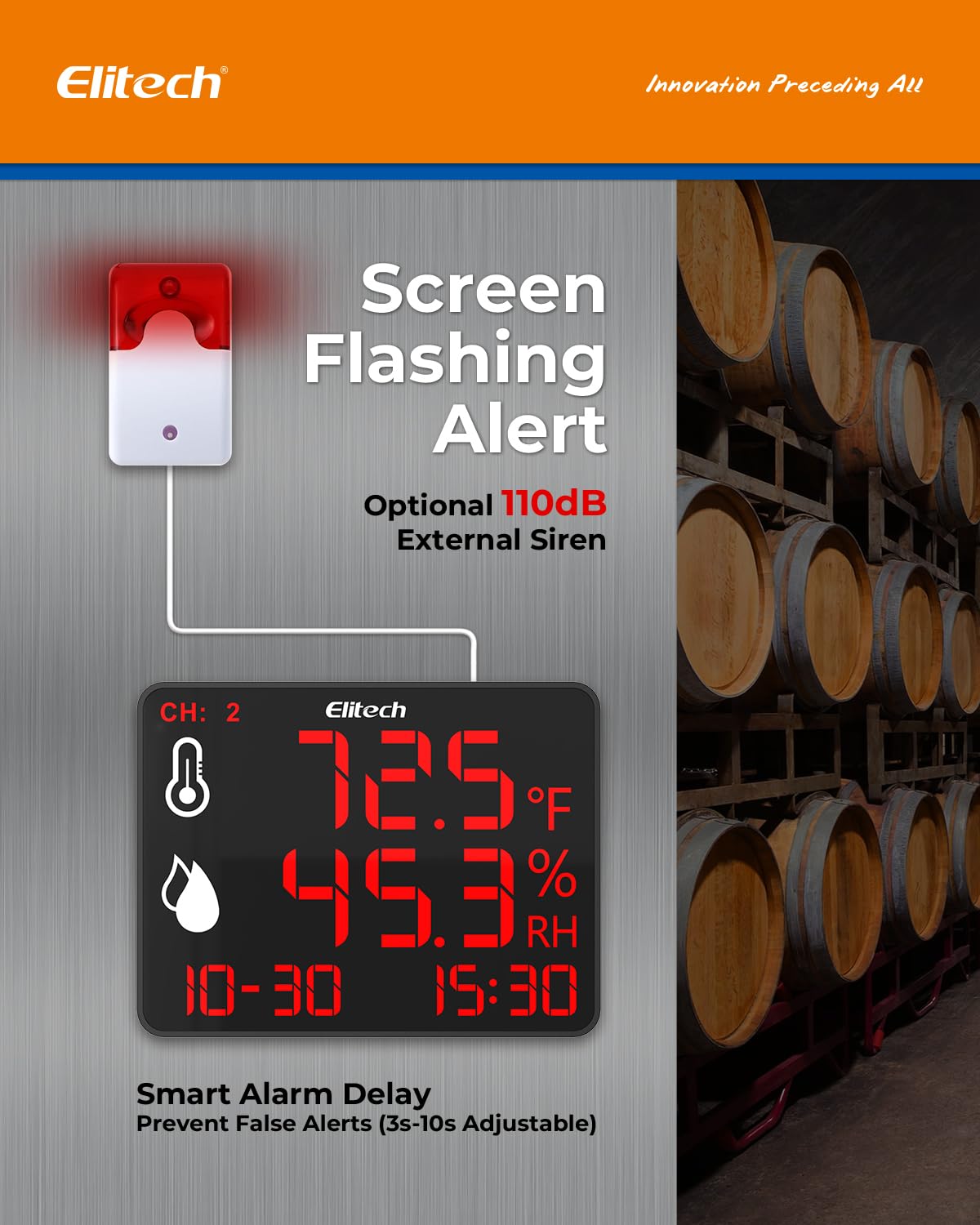 Elitech DR-230-THE with external siren in a wine cellar, illustrating screen flashing and siren alert