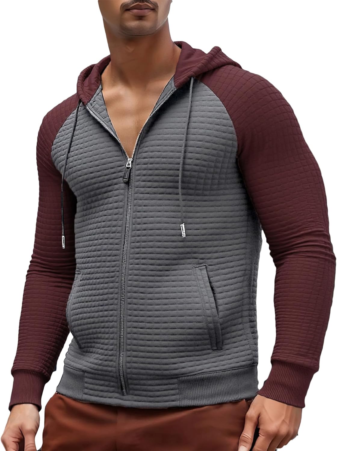 Men's Plaid Hoodie Jacquard Zip Up Hood Lightweight Long Sleeve Drawstring Casual Athletic Sweatshirt Jacket with Pocket