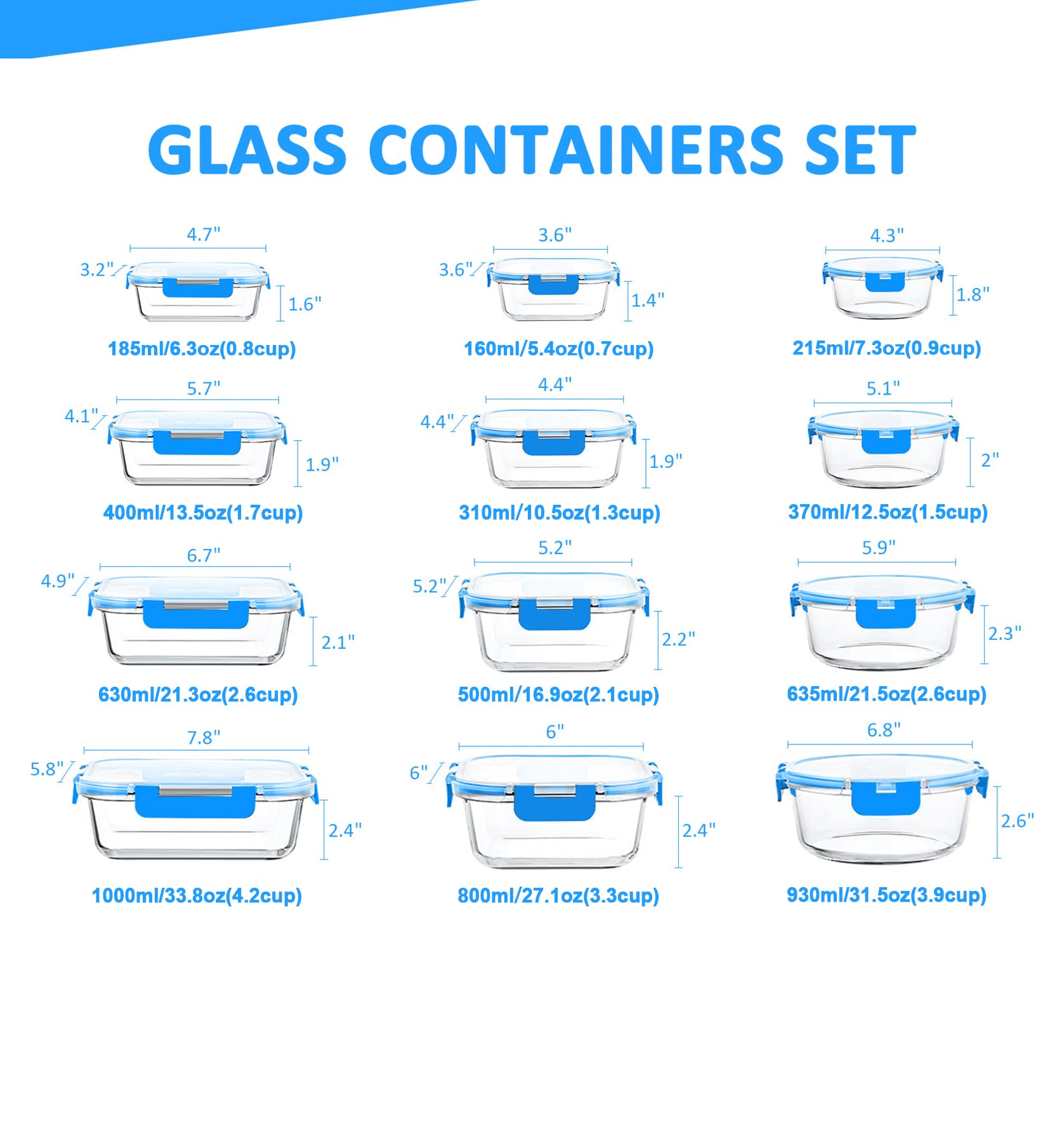 KOMUEE Glas-Frischhaltedosen-Set, Glas-Mahlzeiten-Vorbereitungsbehälter-Set mit Deckel, stapelbare, luftdichte Glasbehälter mit Deckel, BPA-frei, gefrier- bis ofenfest, blau, 24-teilig | Glasbehälter für Mahlzeiten, BPA-frei, luftdicht, mit Deckel, gefrie